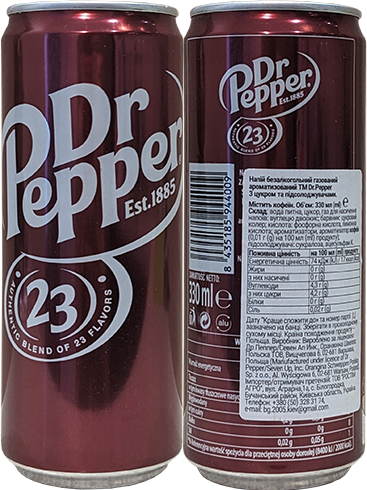 Напиток Dr. Pepper в банке 0,33 литра в дизайне 2024 года